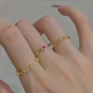 3 Piece Pink Heart Shaped Zircon Rings | Adjustable Gold Plated Brass