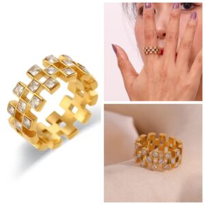 Chequer Zircon Chunky Ring | Geometric High End 18k Gold Plated Stainless Steel