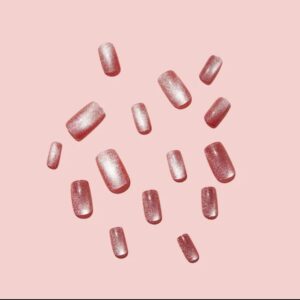 Short Square Sparkly Pink Cat Eye | 24pcs Press on Nails