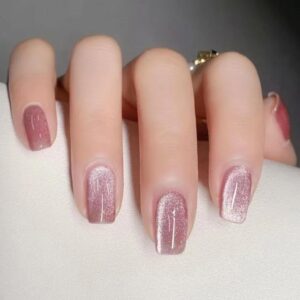 Short Square Sparkly Pink Cat Eye | 24pcs Press on Nails
